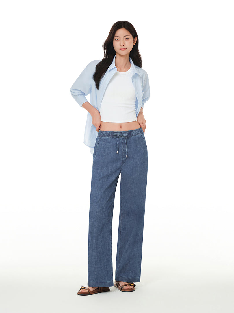 Ice airdenim Elastic Waist Wide Jeans & Free Gift: T-Shirt