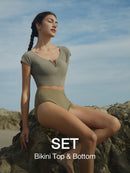 [SET] V Cut Short Sleeve Bikini Top & Bottom