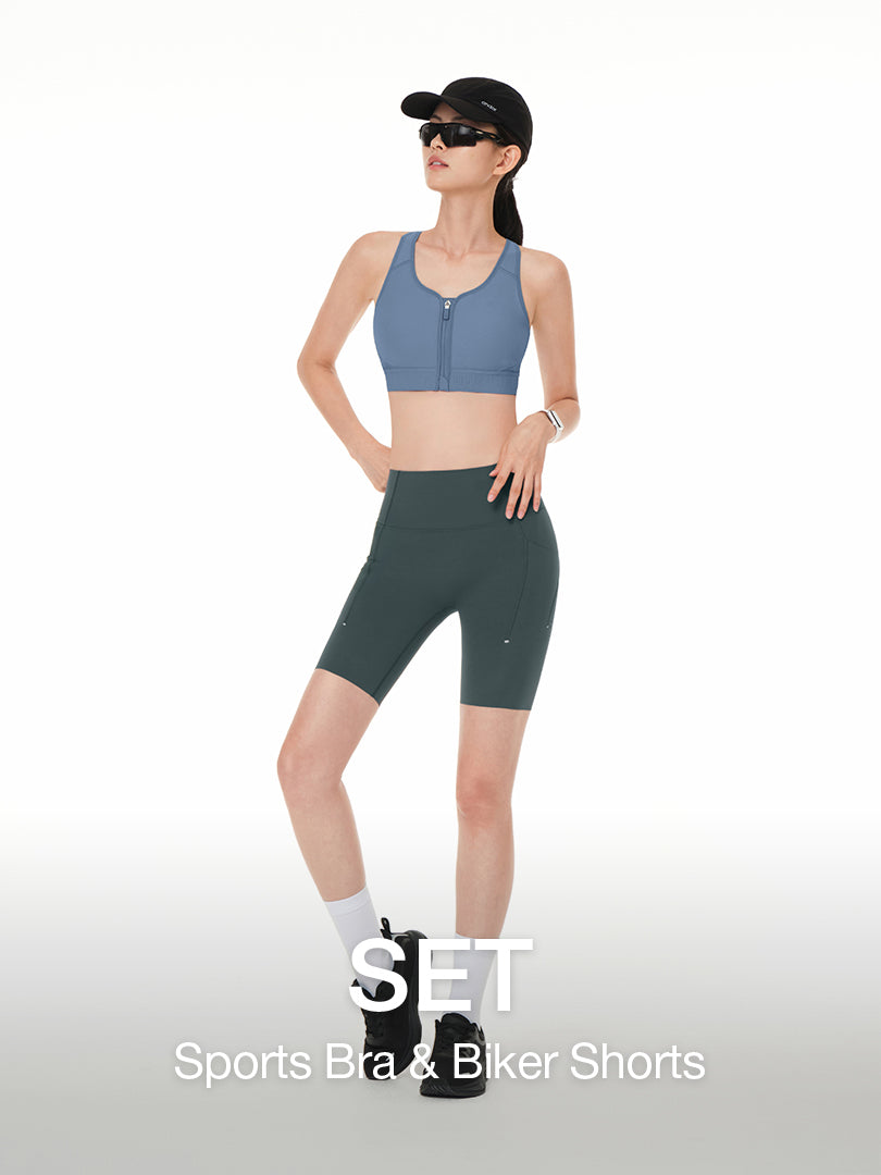 [SET] Running Biker Shorts & Racer back Front-Zip Bra