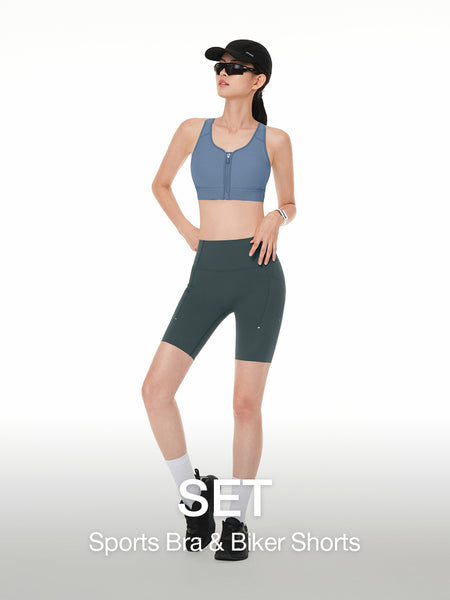 [SET] Running Biker Shorts & Racer back Front-Zip Bra