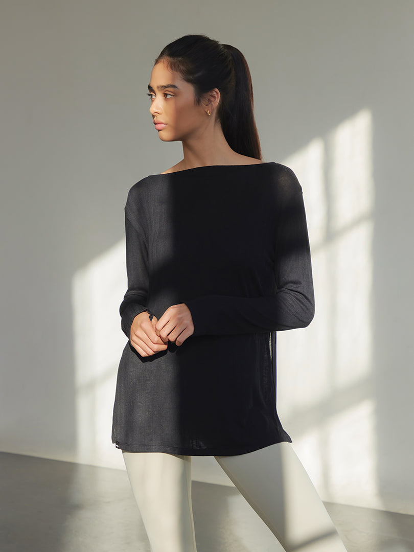 Ribbed Side Slit Long Sleeve