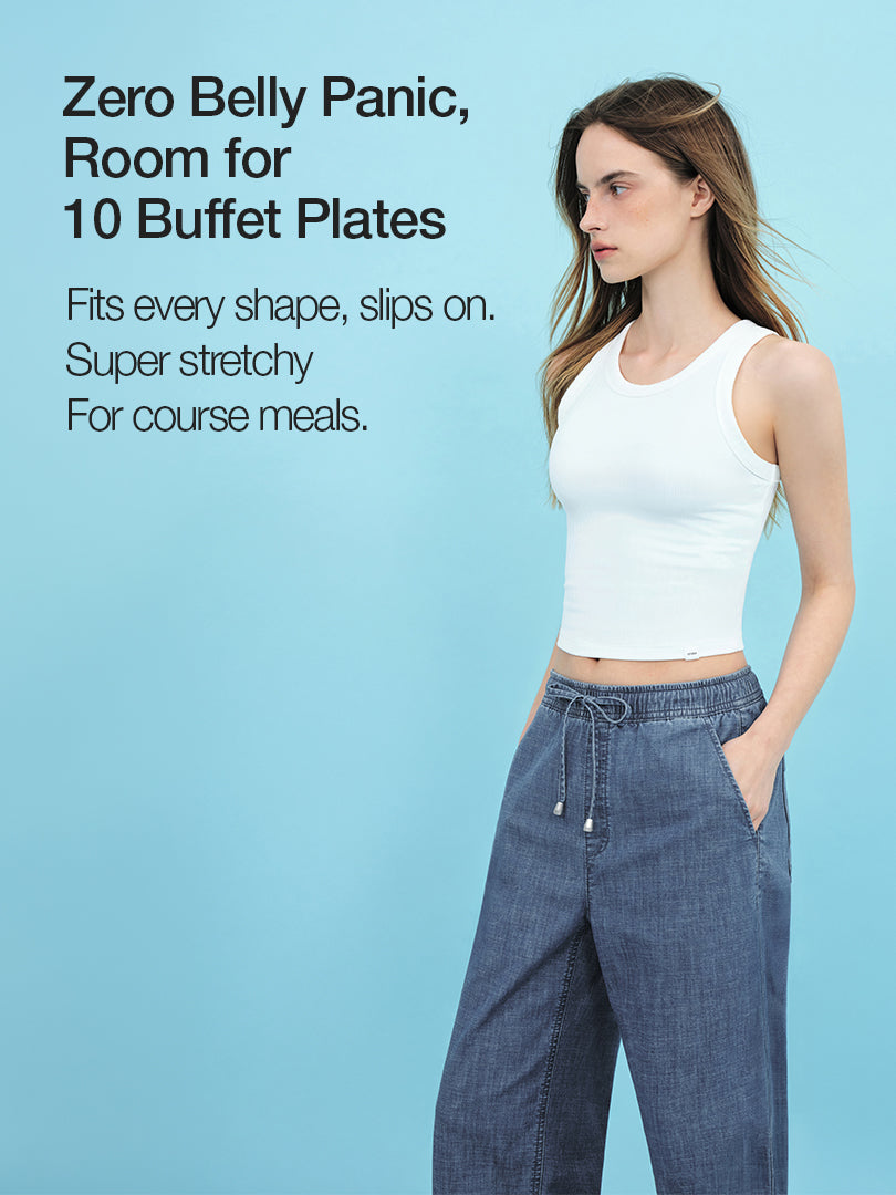 Ice airdenim Elastic Waist Wide Jeans & Free Gift: T-Shirt
