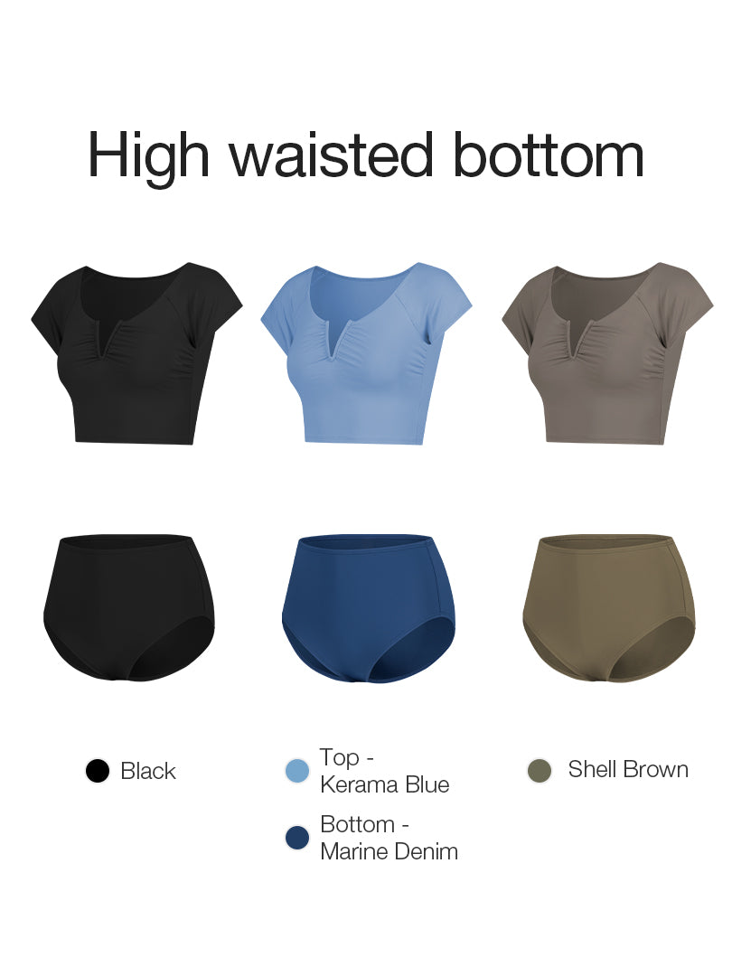 [SET] V Cut Short Sleeve Bikini Top & Bottom